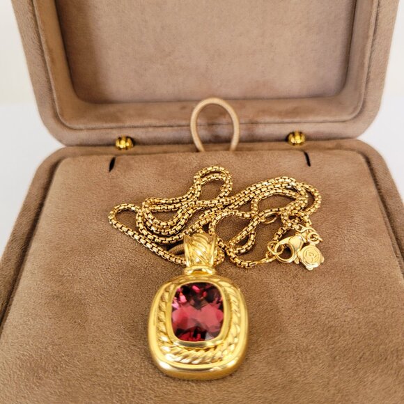 David Yurman Albion 18K Yellow Gold Pink Tourmaline Pendant & Box Chain Necklace - Picture 12 of 15